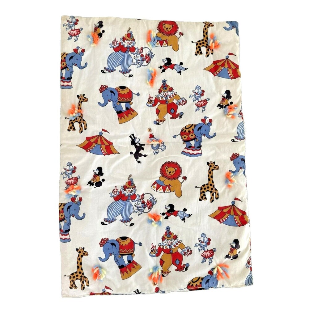 Vintage 1950s Circus Handmade Baby Doll Quilt Tied Clowns Lion Elephant 17 x 25"